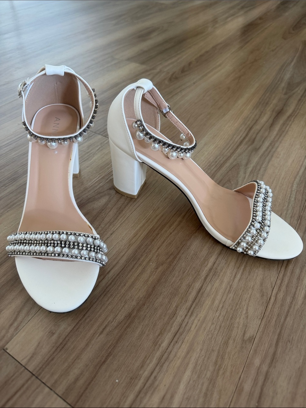 Annaili White Pearl-Trim Ankle-Strap Heels